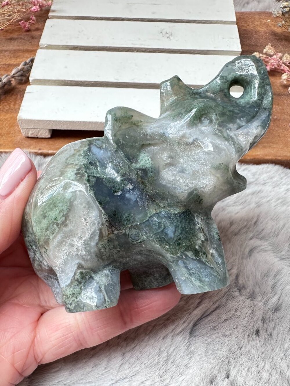 Beautiful Moss Agate Elephant Carving
